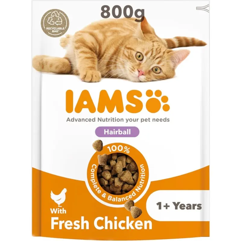IAMS Hairball Complete Dry Cat Food for Adult and Senior Cats with Chicken 800 g