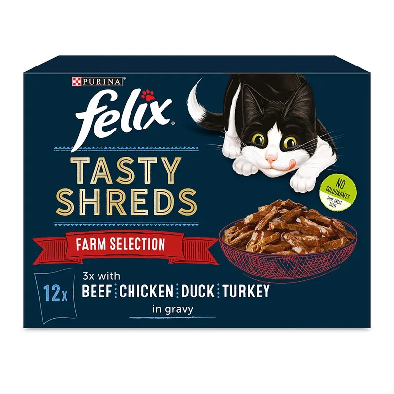 Felix Tasty Shreds Adult Wet Cat Food Farm Selection In Gravy 12X80G