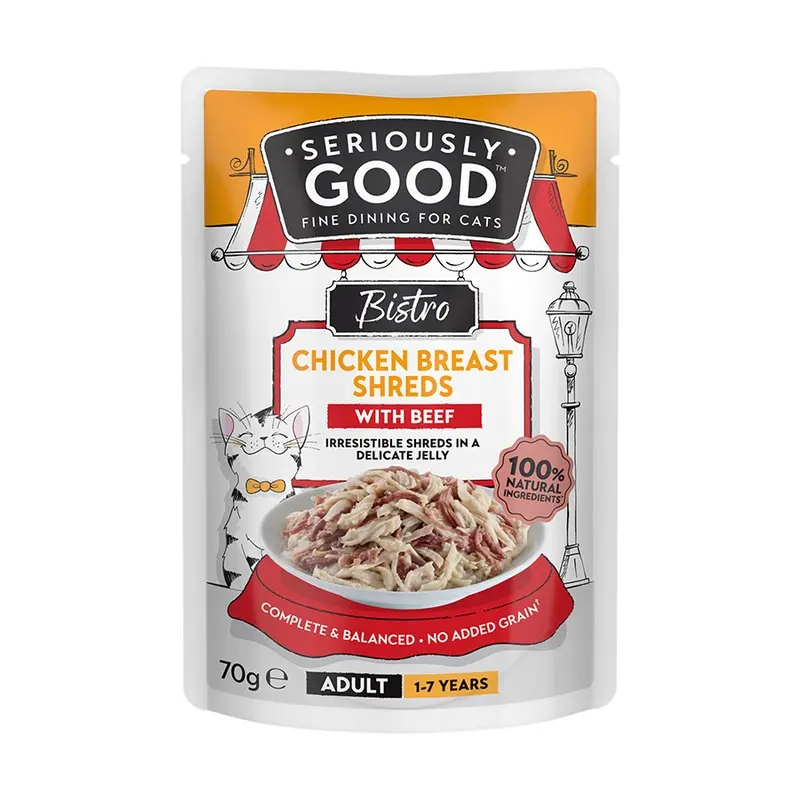 Seriously Good Chicken Breast Shreds With Beef Wet Adult Cat Food In Jelly 70G