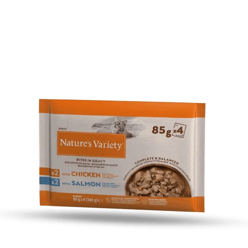 Natures Variety Salmon Cat Bites In Gravy With Chicken Or Multipack (4X85g) Size 24