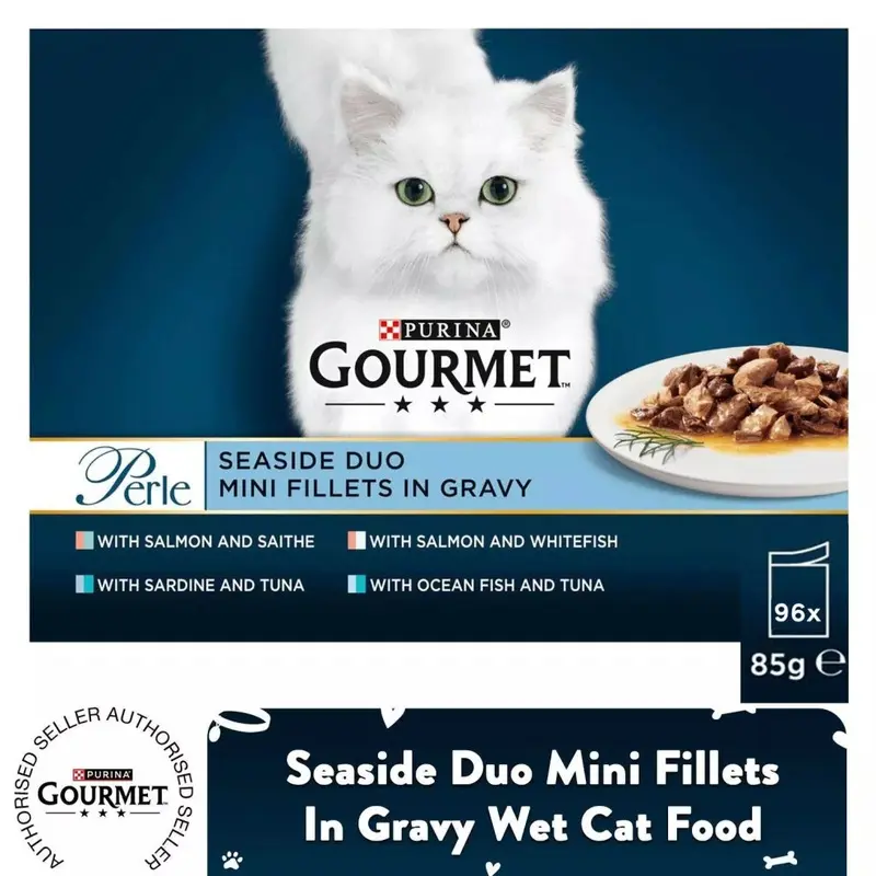 96 X Gourmet Wet Cat Food Perle Seaside Duo Mini Fillets In Gravy, 3-6 Y 85G