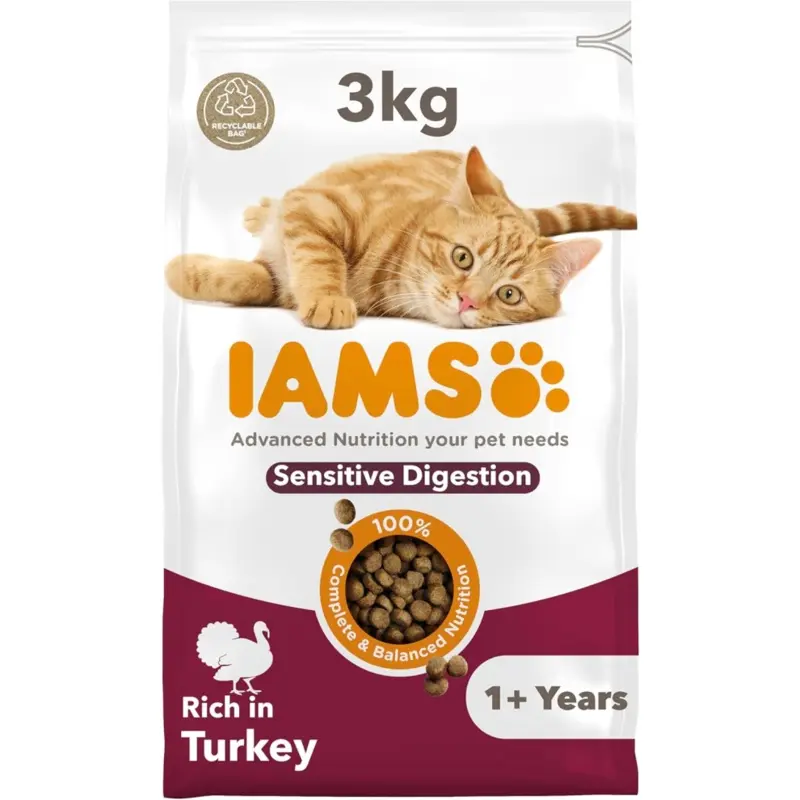Iams Sensitive Digestion Complete Dry Cat Food Turkey - With Prebiotics 3Kg