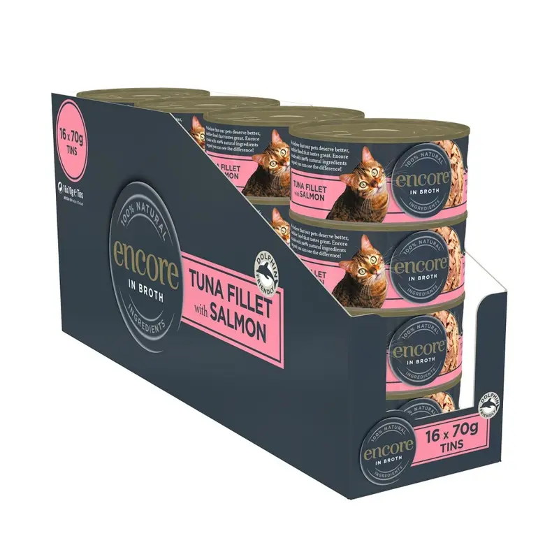 Encore Salmon 100% Natural Wet Cat Food, Tuna With In Broth (Pack Of X 70G Tins) Size 16