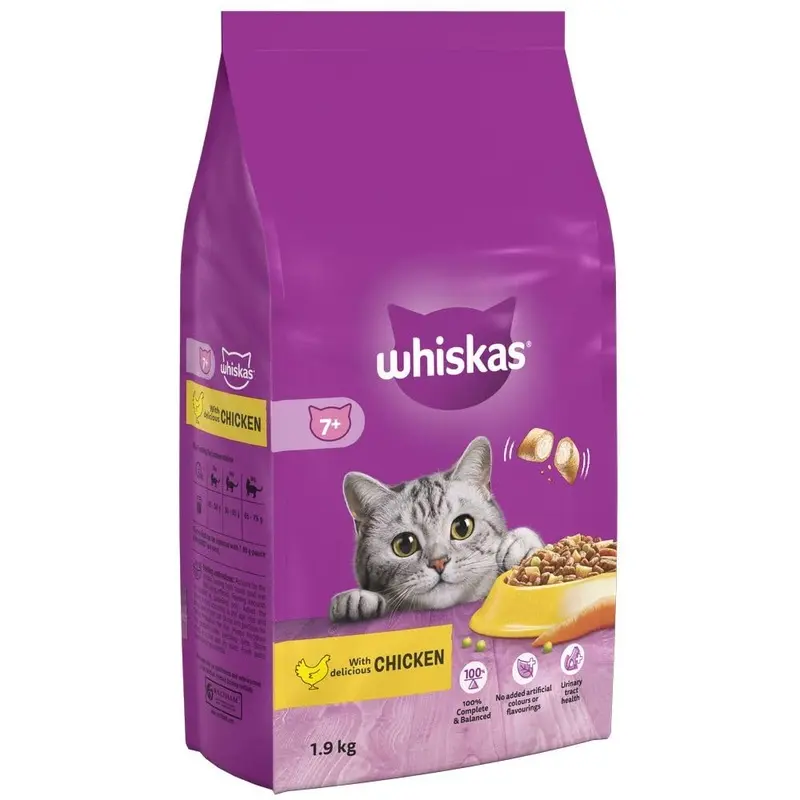 Whiskas 7+ Senior Chicken 4 x 1.9 kg Bags, Senior Dry Cat Food