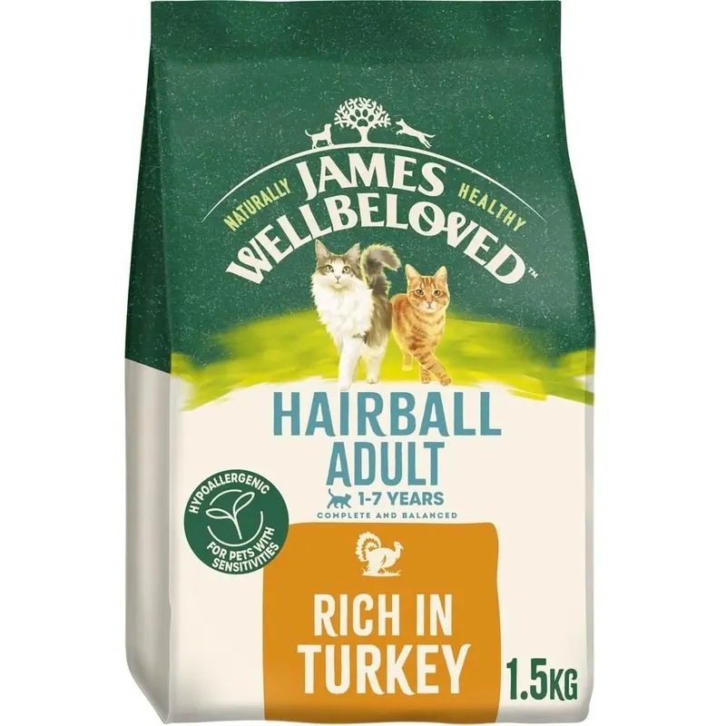 James Wellbeloved Hypoallergenic Dry Cat Food for Adult Cats Hairball Turkey 1.5 kg