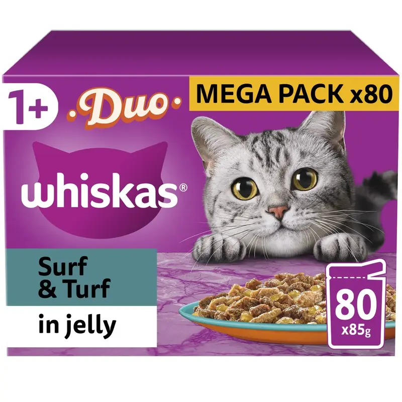 Whiskas 1+ Adult Wet Cat Food Duo Surf & Turf In Jelly 80X85G