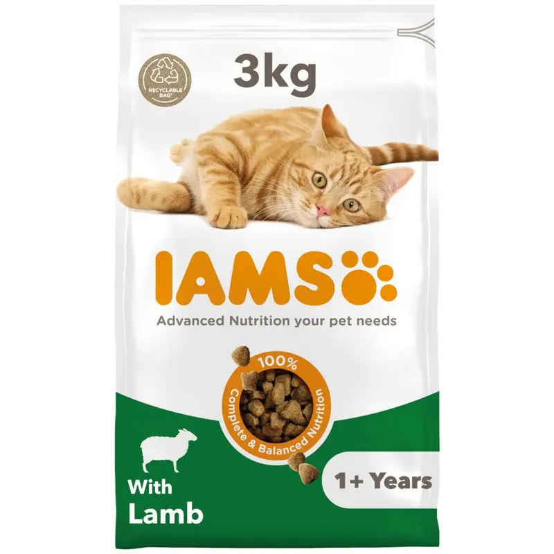 New Iams Complete Dry Cat Food For Adult 1+ Cats With Lamb 3 Kg Size 1