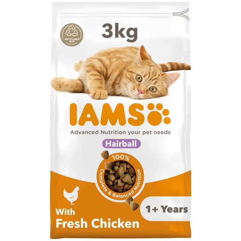 Iams Hairball Complete Dry Cat Food For Adult And Senior Cats With Chicken 3 Kg 3Kg