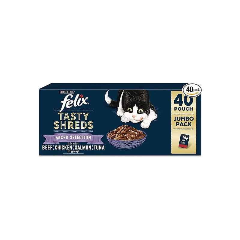New Felix Tasty Shreds Mixed Selection In Gravy 40X80g Wet Cat Food Size 6