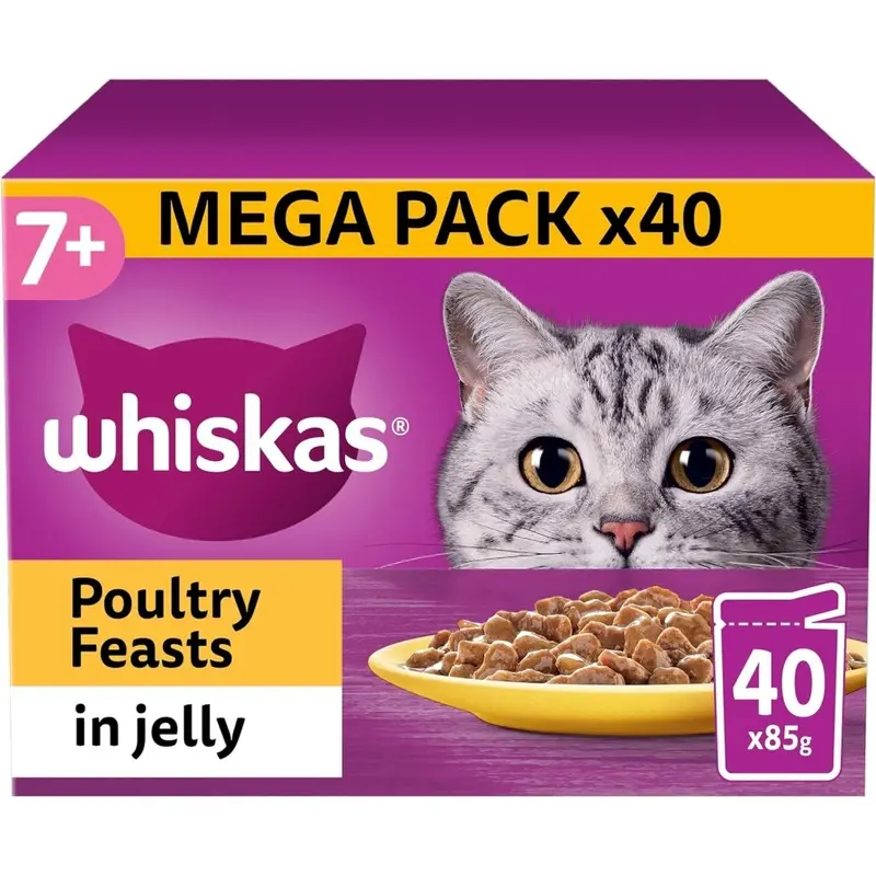 New Whiskas 7+ Senior Poultry Selection In Jelly, 85 G (Pack Of 40) Cat Food Size 7