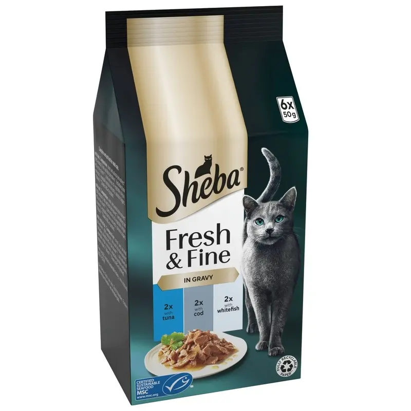 Sheba Fresh & Fine In Gravy Mini Pouches 6 X 50G - Tuna, Cod & Whitefish In Gravy