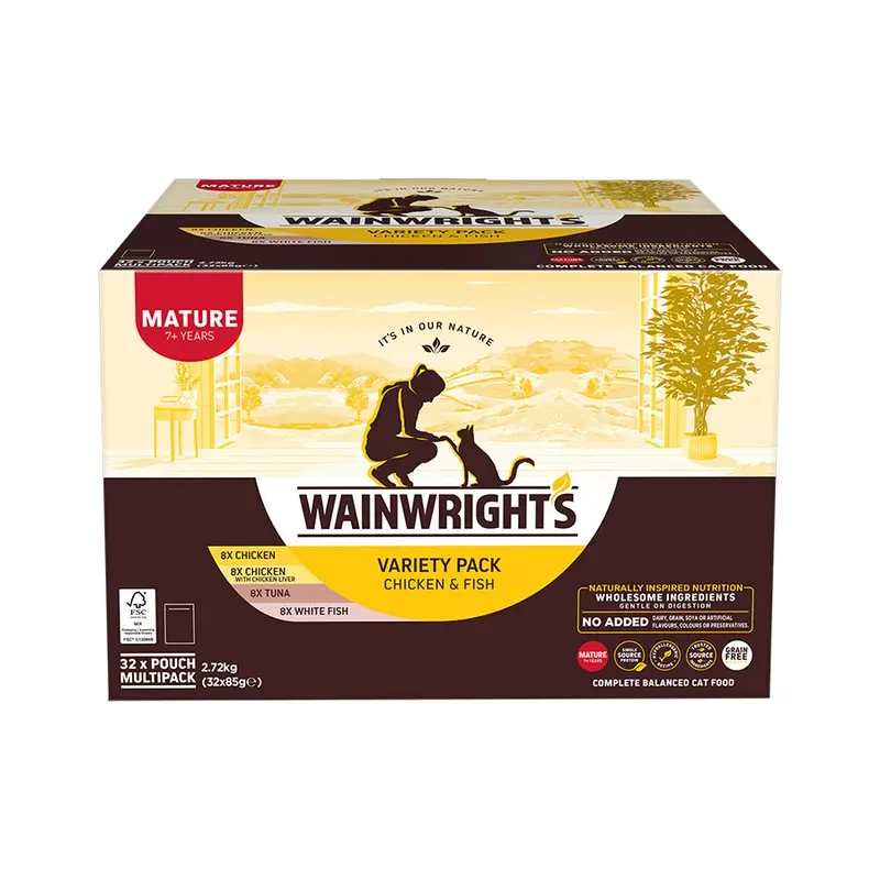 Wainwrights Grain Free Wet Mature Cat Food Variety Pack Chicken & Fish 32 X 85G