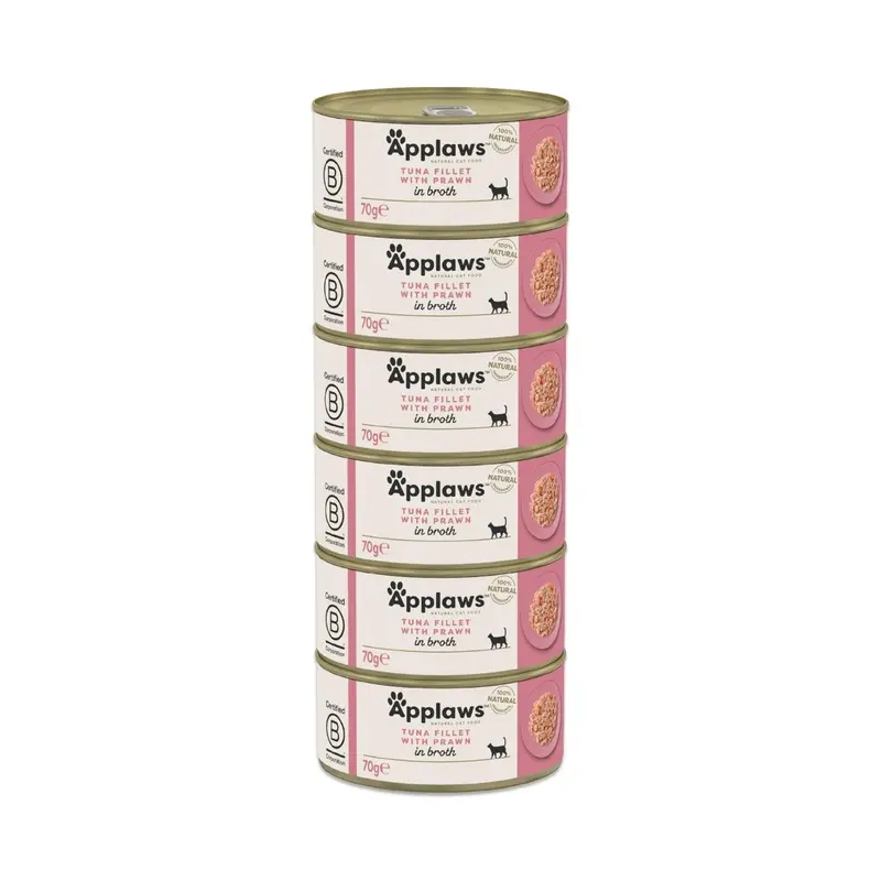 Applaws 100% Natural Wet Cat Food, Tuna Fillet with Prawn, 70g Tins Pack of 6