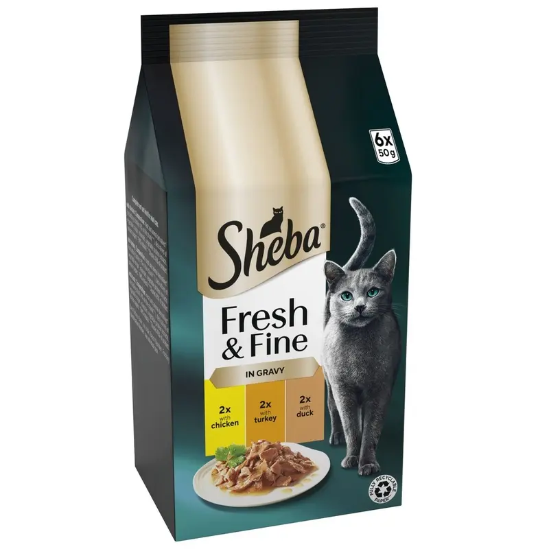 Sheba Fresh & Fine In Gravy Mini Pouches 6 X 50G - Chicken, Turkey & Duck In Gravy