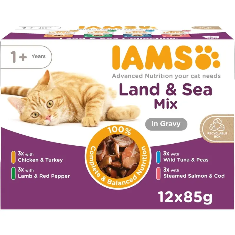 Iams Land And Sea Collection Cat Food In Gravy - X 85G Red/Salmon Size 12