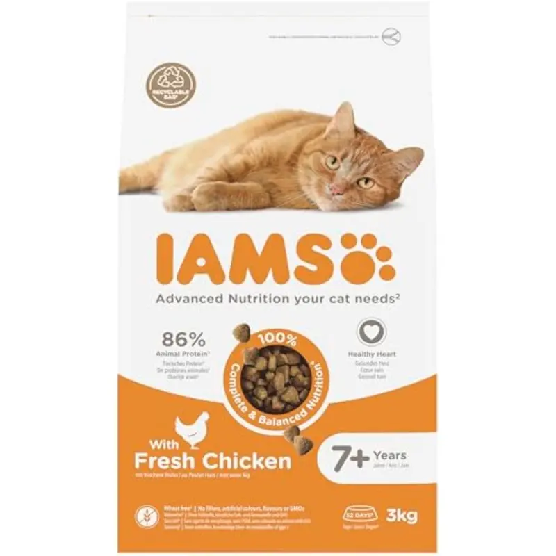 Iams Complete Dry Cat Food For Senior 7+ Cats With Chicken (3Kg) Size 7