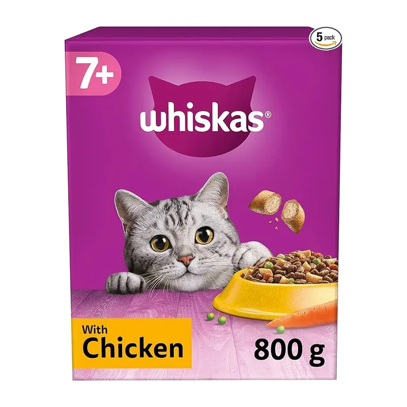 New Whiskas 7+ Chicken Pack Of 5 X 800 G Bags, Senior Cat Dry Food Cat Food Size 7