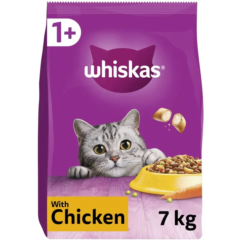 Whiskas - 1+ Adult Dry Cat Food - Biscuits Made With Chicken - Bulk Cat Food Bag 7Kg