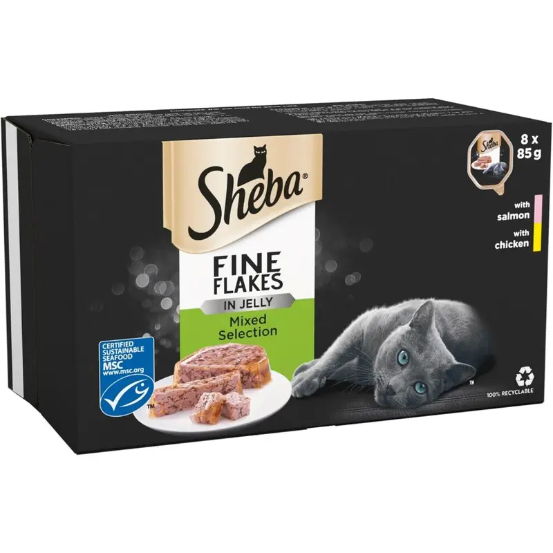 Sheba Salmon Fine Flakes Cat Food Tray Collection With & Chicken In Jelly 8X85g
