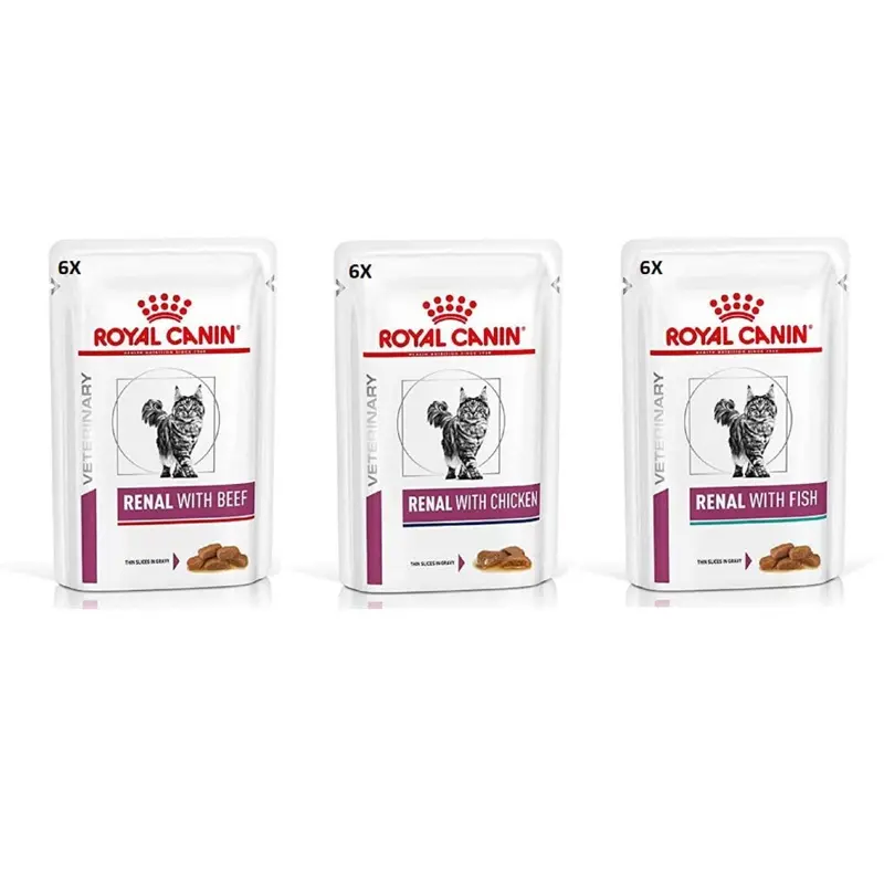 New Royal Canin Feline Renal Mix Of Tuna, Chicken, Beef Cat Food Each (Pack Of 18) 85G
