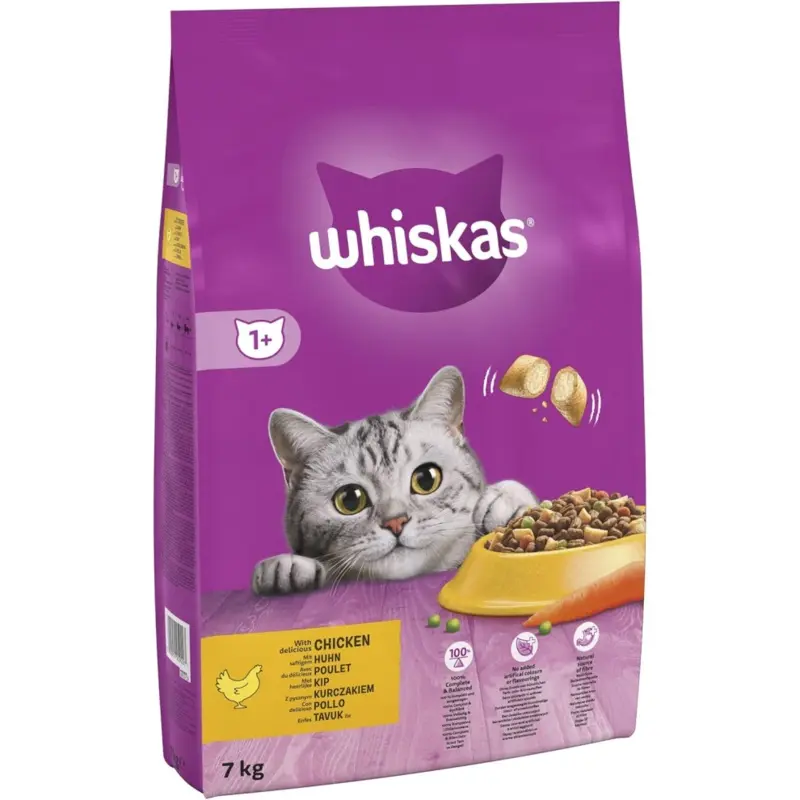 New Whiskas - 1+ Adult Dry Cat Food - Biscuits Made With Chicken - Bulk Cat Food Bag 7Kg