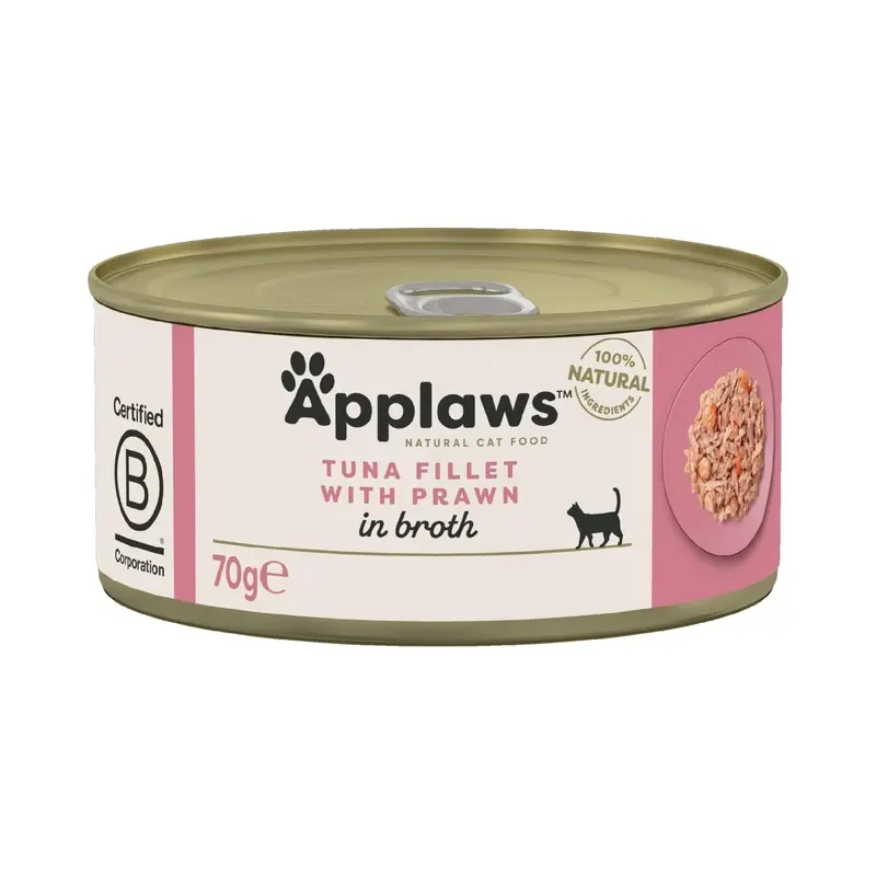 Applaws Natural Tuna Fillet With Prawn In Broth Tins Cat Food - X 70G Size 24