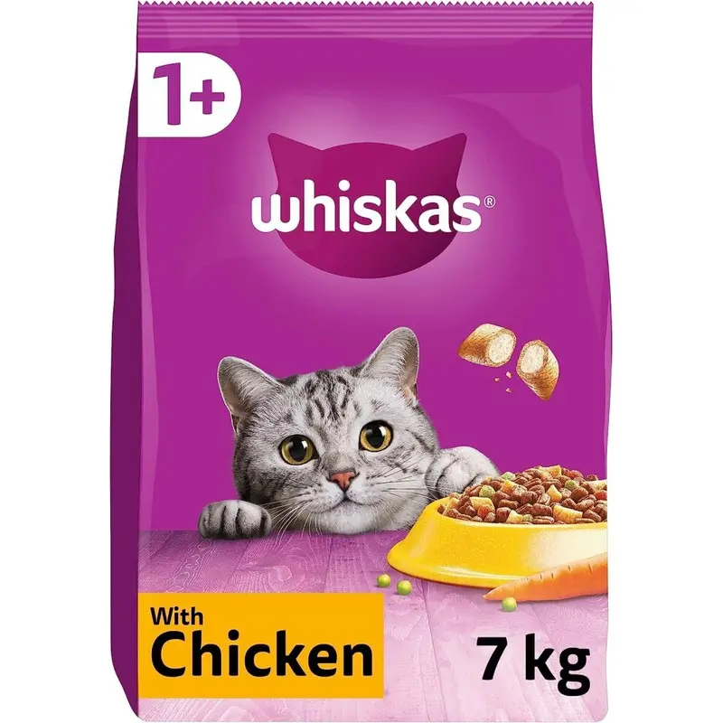 Whiskas 1+ Chicken 7Kg Bag, Adult Cat Dry Food - Pack May Vary Size 1