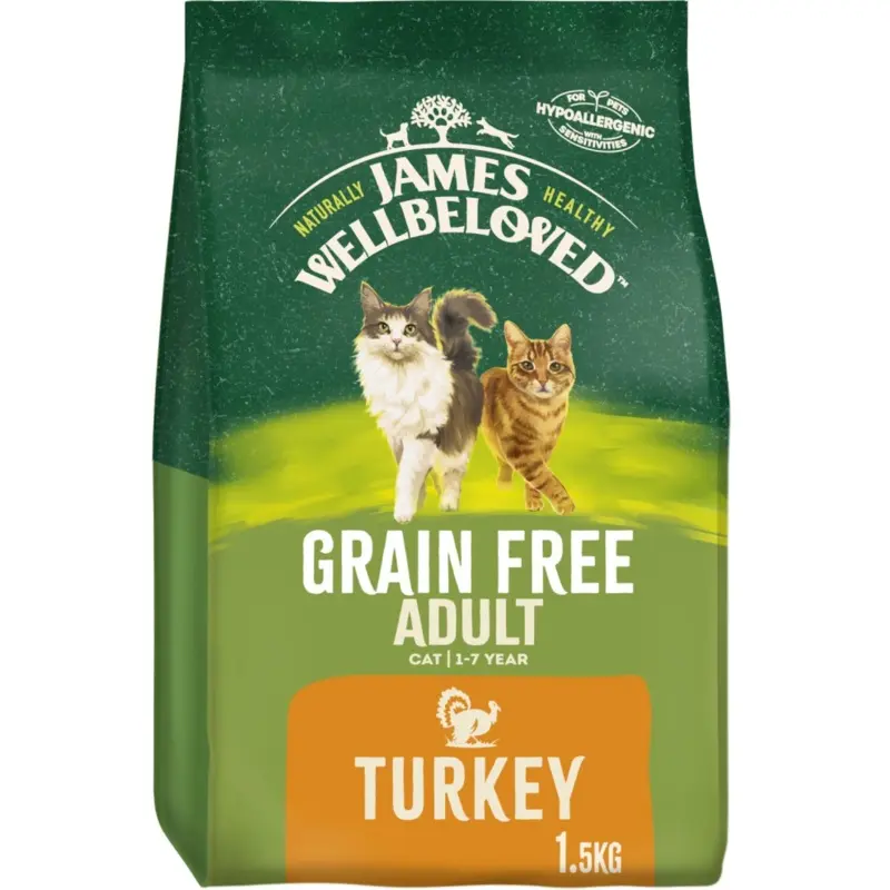 New James Wellbeloved Free Natural Adult Complete Dry Cat Food Turkey Grain 1.5Kg