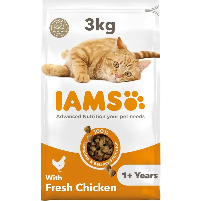 New Iams Complete Dry Cat Food For Adult 1+ Cats With Chicken 3 Kg Size 1