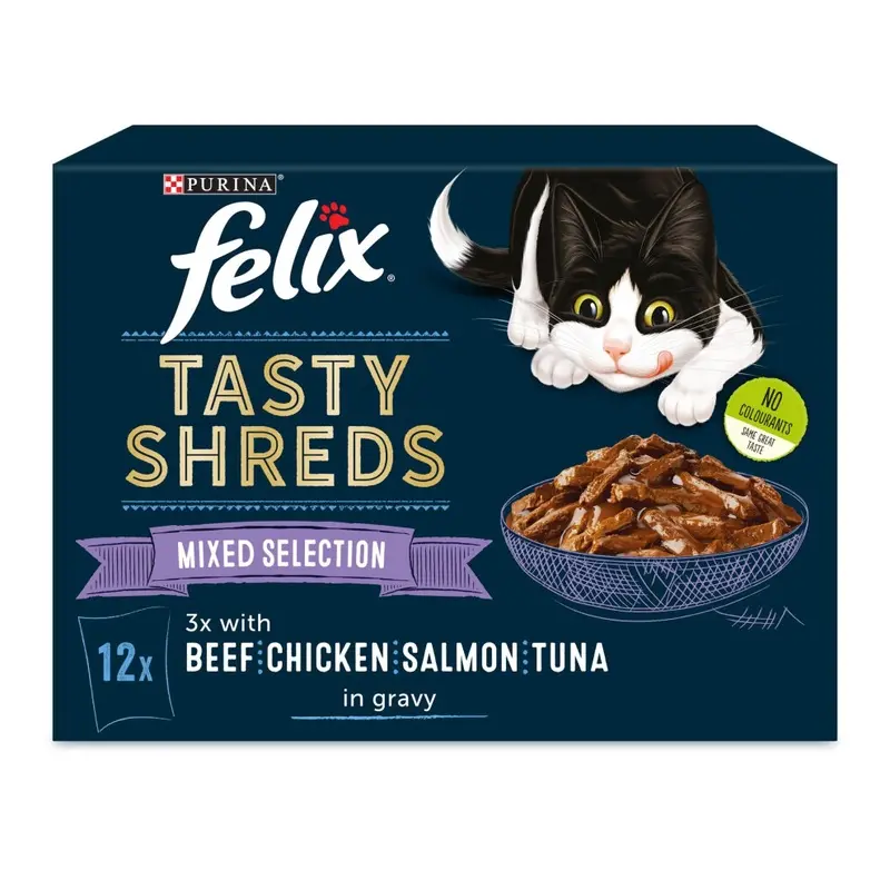 Felix Salmon Tasty Shreds Mixed Selection In Gravy Cat Food 12X80g, Pack Of Size 4