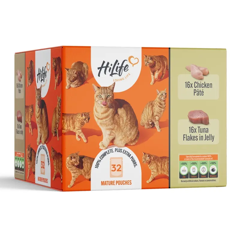Hilife Wet Mature Cat Food Chicken & Tuna Recipes 32 X 70G Pouches