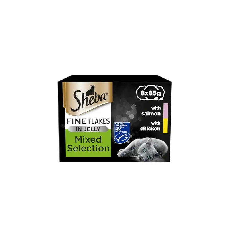 New Sheba Fine Flakes Cat Food Tray Collection With & Chicken In Jelly 8X85g Salmon