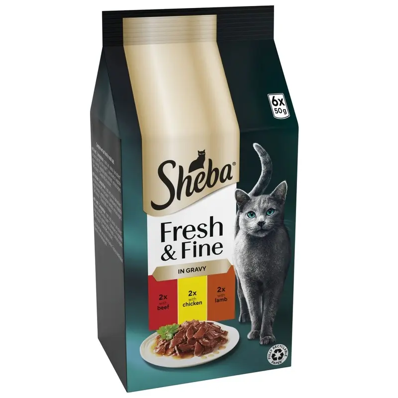 Sheba Fresh & Fine In Gravy Mini Pouches 6 X 50G - Beef, Chicken & Lamb In Gravy