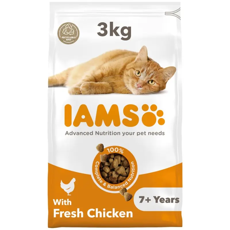 Iams Complete Dry Cat Food For Senior 7+ Cats With Chicken 3 Kg Size 7