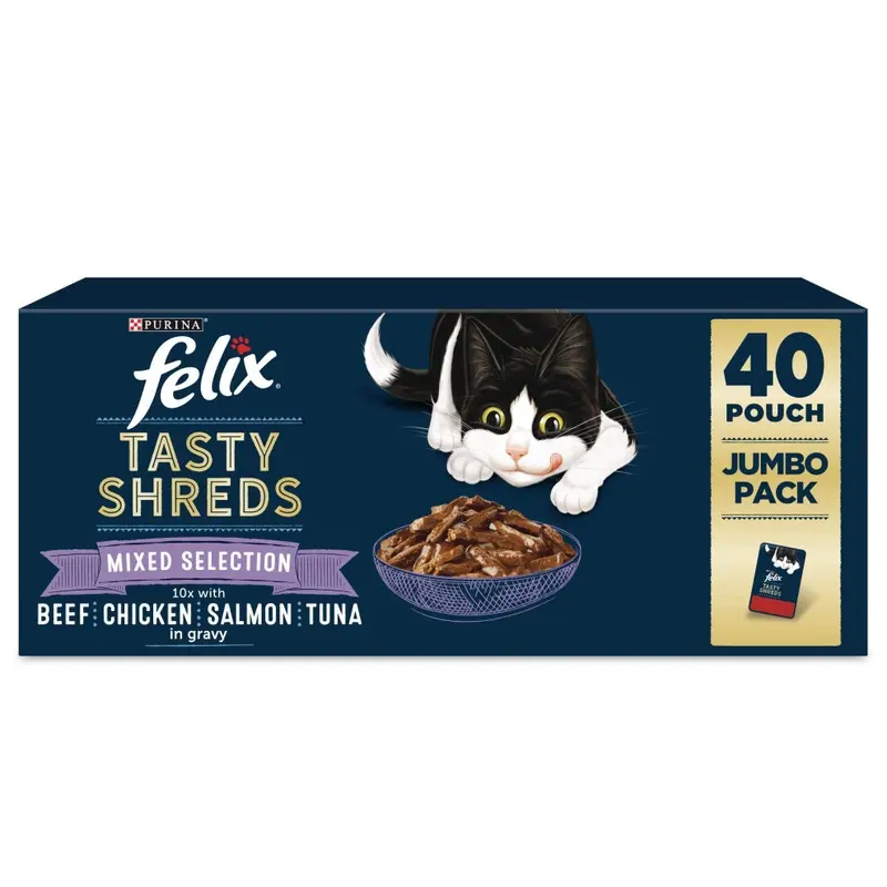 New Felix Tasty Shreds Mixed Selection In Gravy Wet Cat Food 40X80g 7.61E+12
