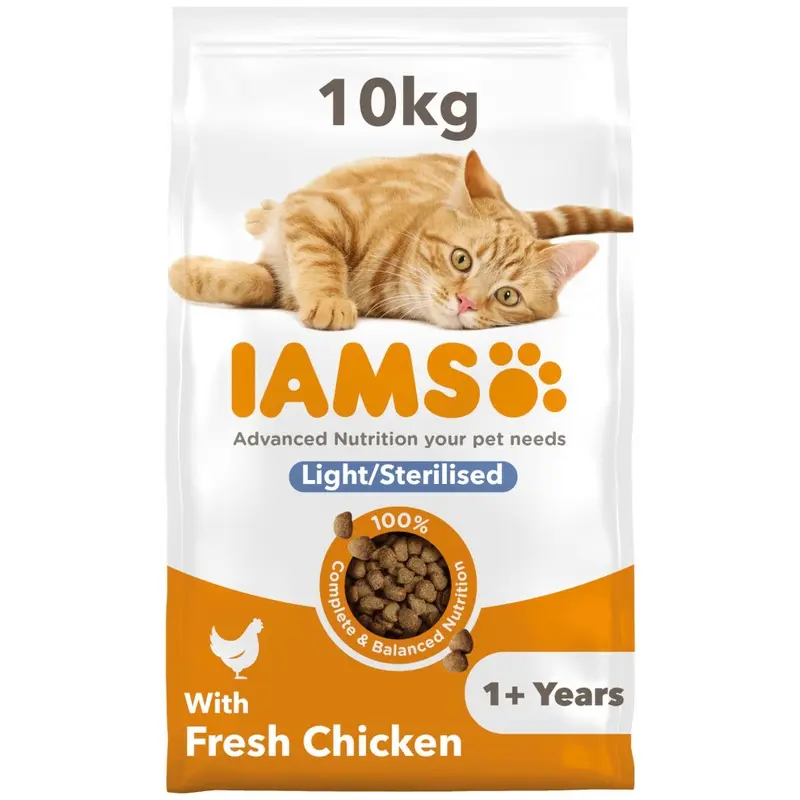 Iams Light In Fat Complete Dry Cat Food Chicken - 30% Lower Fat Formula 10Kg