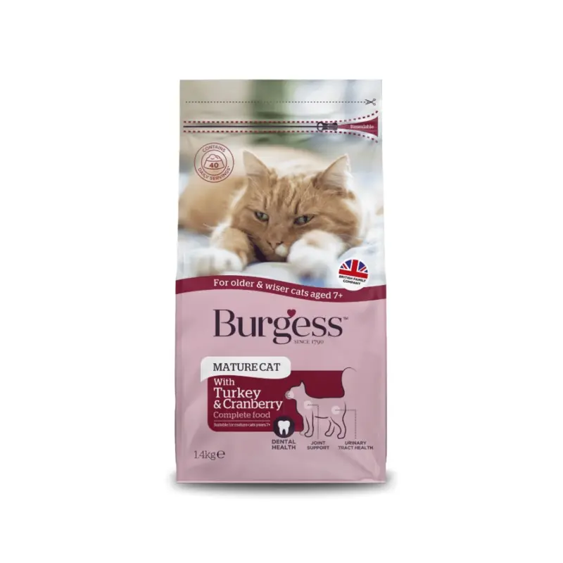 New Burgess Mature Cat Food Complete Dry Turkey & Cranberry Years+ 4Kg Size 7