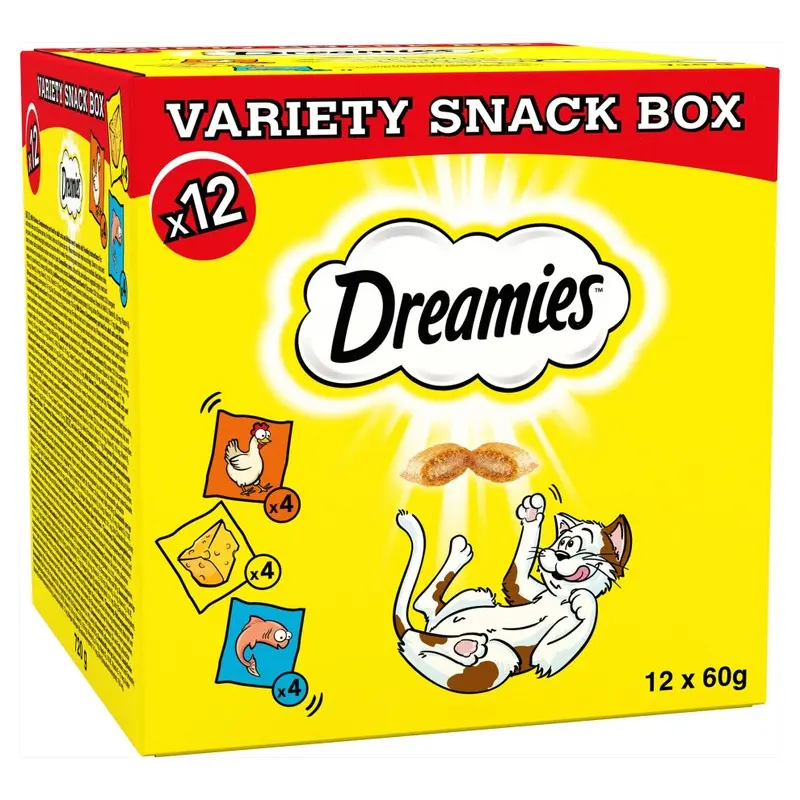 New Dreamies Variety Snack Box With Chicken, Cheese & 12X60g Salmon Size 8