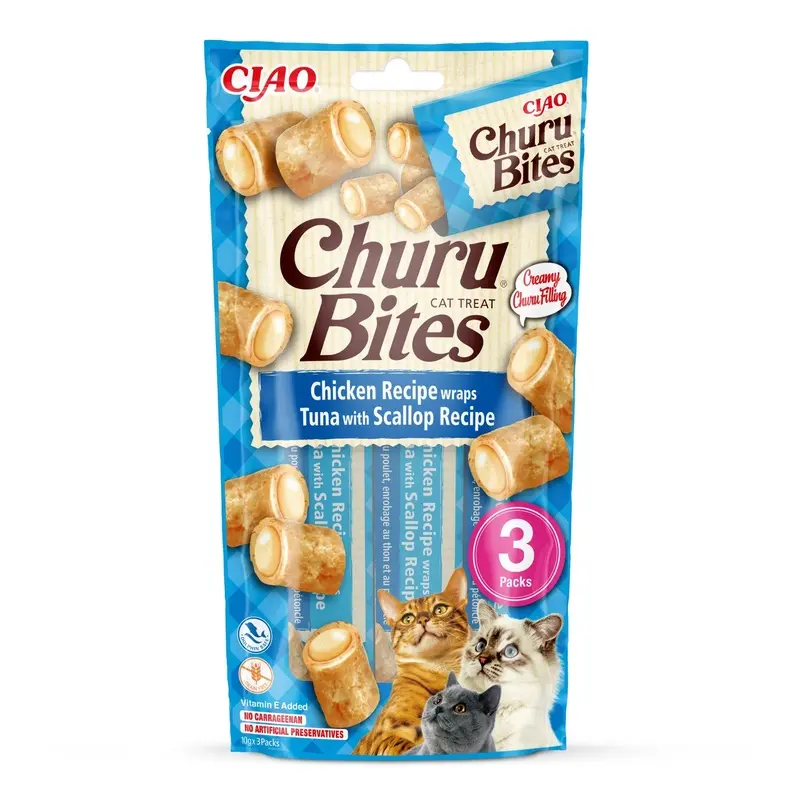 Inaba Churu Chicken And Tuna With Scallop Recipe Cat Bites - X 10G Green Size 3