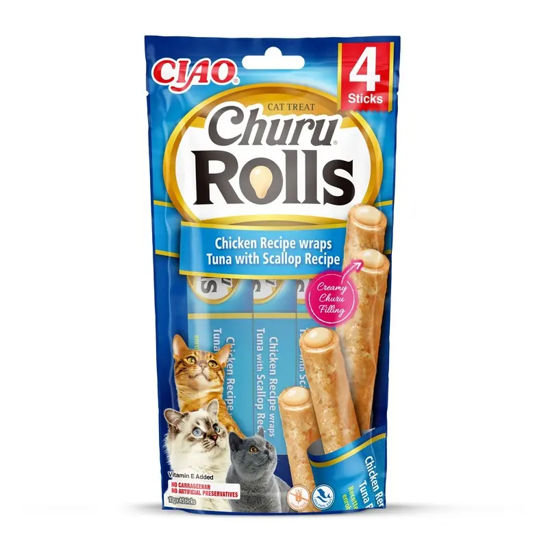 Inaba Churu Chicken And Tuna With Scallop Recipe Cat Rolls - X 10G Green Size 4