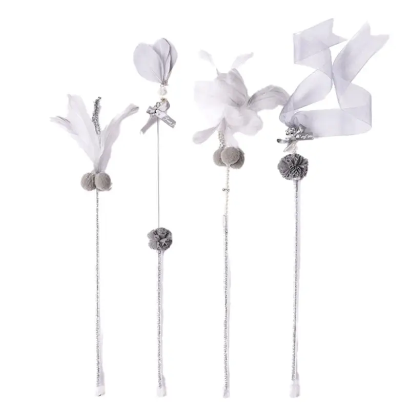 Torribaly Pet Cat Toy Teasing Stick Fairy Tale Ribbon Bite Bell Set 4Pcs Small