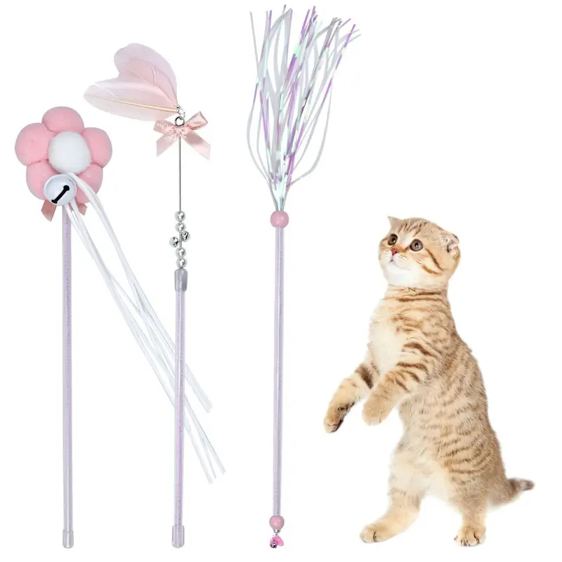 Nivofu 3Pcs Cat Teaser Wands, Feather Cat Toys Set, Cat Teaser Fairy Stick Size 3