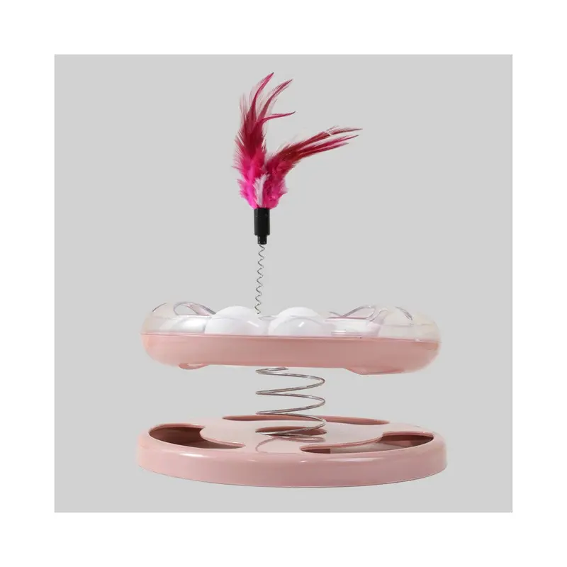 Pink ( ) Toy Boxed Pet Spring Double Layer Game Turntable With Feather Play Cats For