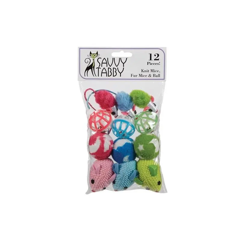 Savvy Tabby St Knit Mice, Synthetic Fur Mice And Ball Pk Size 12