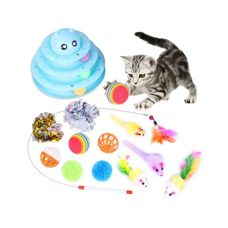 Exogio 14Pcs Cat Toy Funny Stick Mouse Bell Ball Supplies Size 14