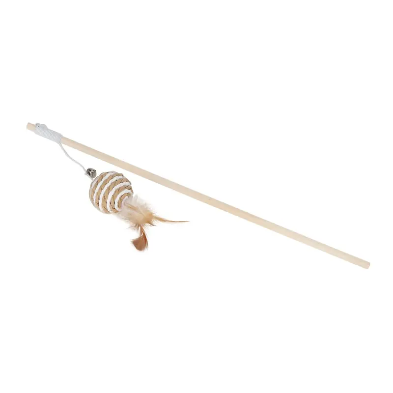 Wooden Pet Cat Teaser Toy Rod Stick with Round Ball Feather Kitten Interactive Toys