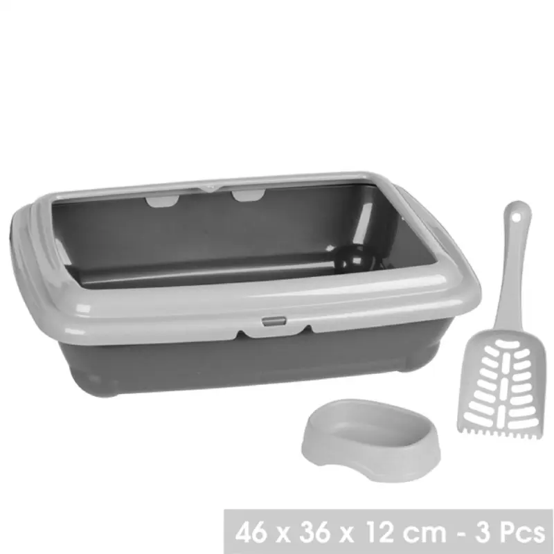 Dogi Grey Cat Litter Tray With Rim, Scoop And Feeding Bowl