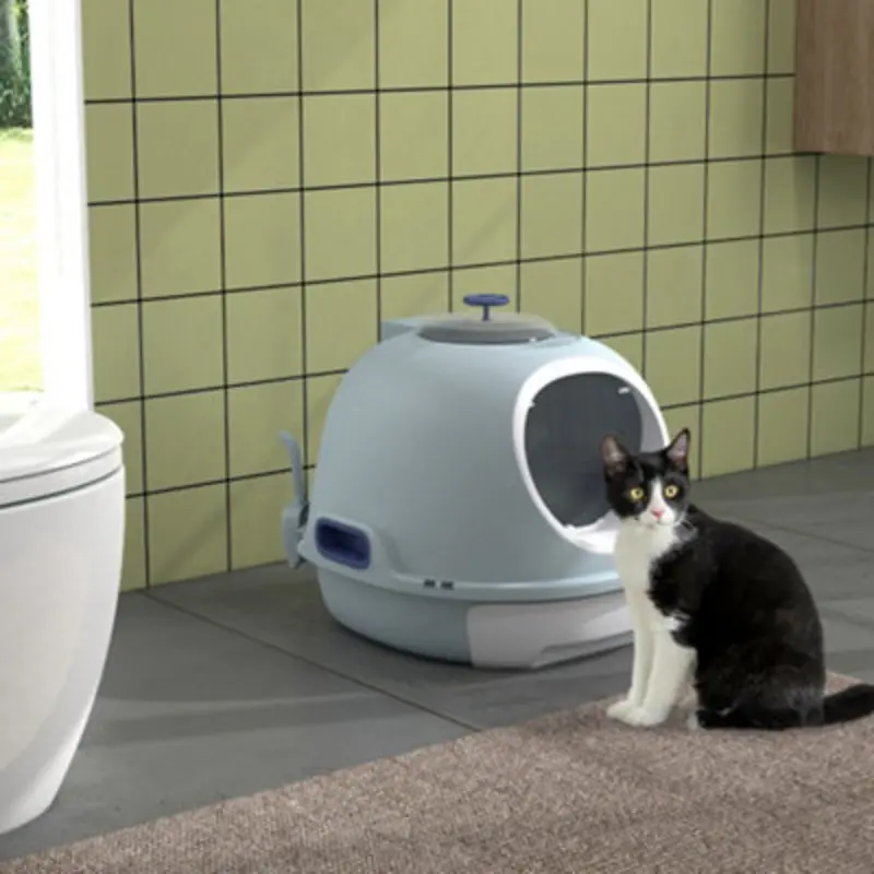 Pawhut Blue Futuristic Capsule-Shaped Cat Litter Box W/ Doors Scoop Drawer Size 2