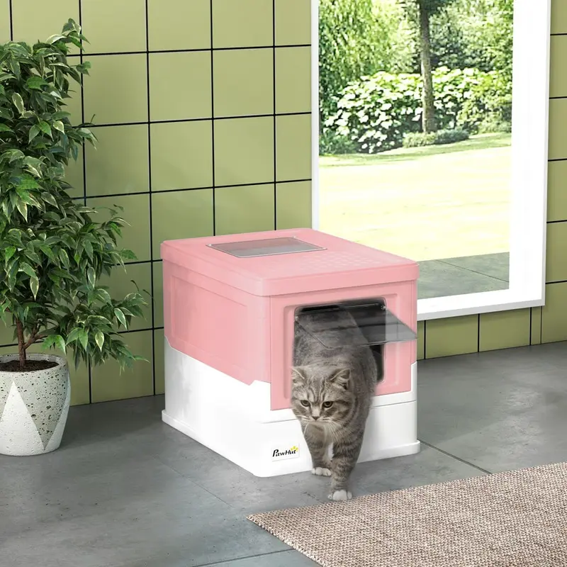 Pawhut Hooded Cat Litter Box With Scoop & Front Entry Pink