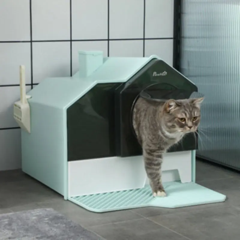Pawhut Light/Blue Hooded Cat Litter Tray W/ Scoop, Drawer Pan Handle Deodorants